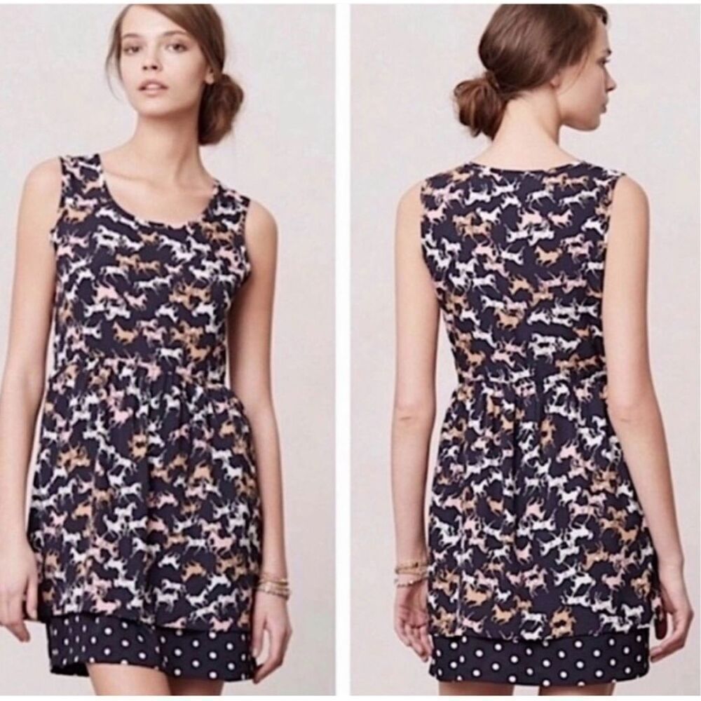 Anthropologie Porridge Petaluma Peep Hem Dress Navy Horse Print & Polka-Dot Hem